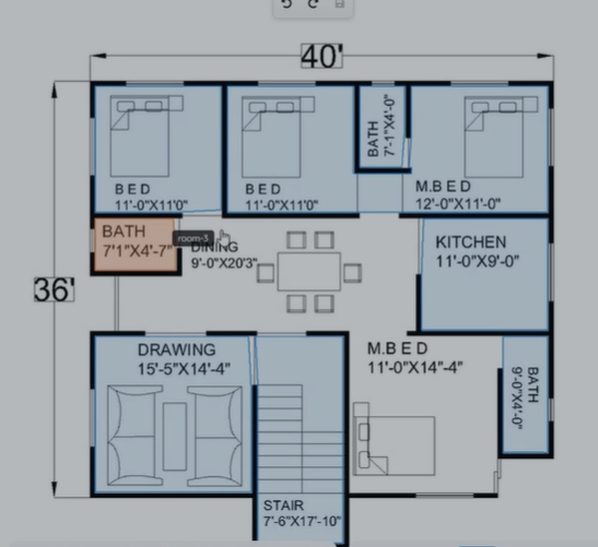 Original 2D JPG floor plan — 40×36 ft residential, 9 rooms labeled with dimensions
