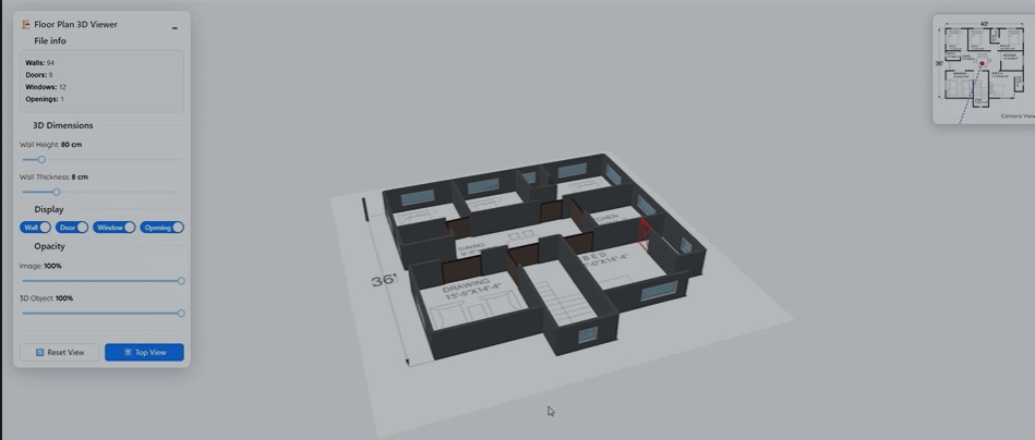 3D smart model rendered in browser from the floor plan — walls, doors, windows as live editable geometry